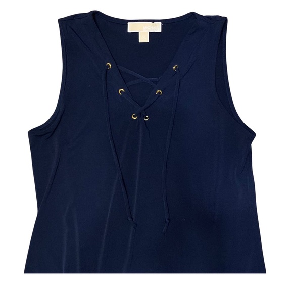 Michael Kors solid Navy Blue sleeveless dress with gold eyelets—ties in front - Picture 3 of 6